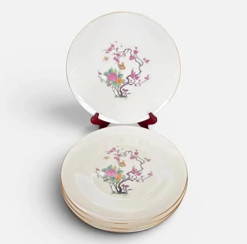 Lenox Ming Coupe Salad Plates Set of 4 Floral Butterfly Gold Rim 8” USA X-300